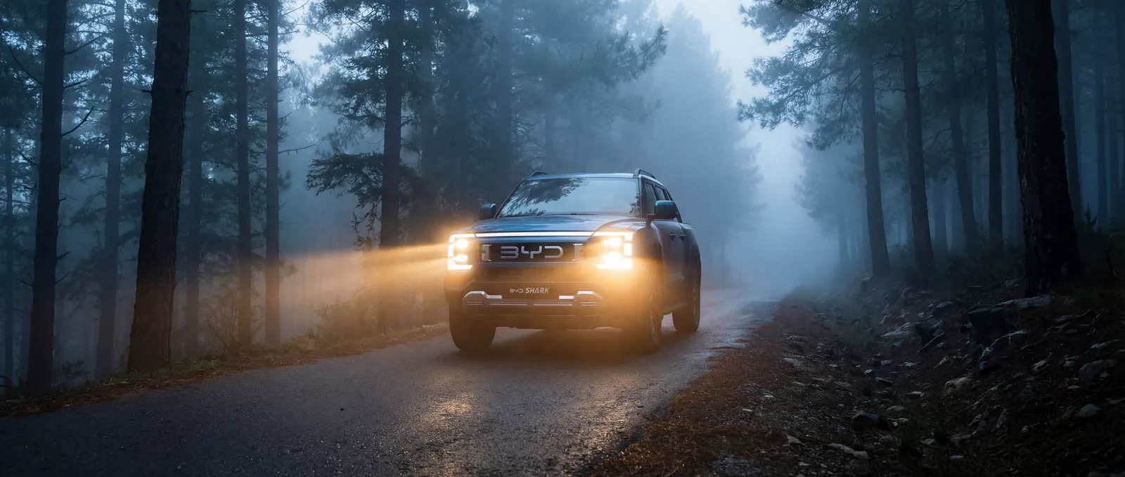 SUV oscuro en una ruta de bosque con niebla